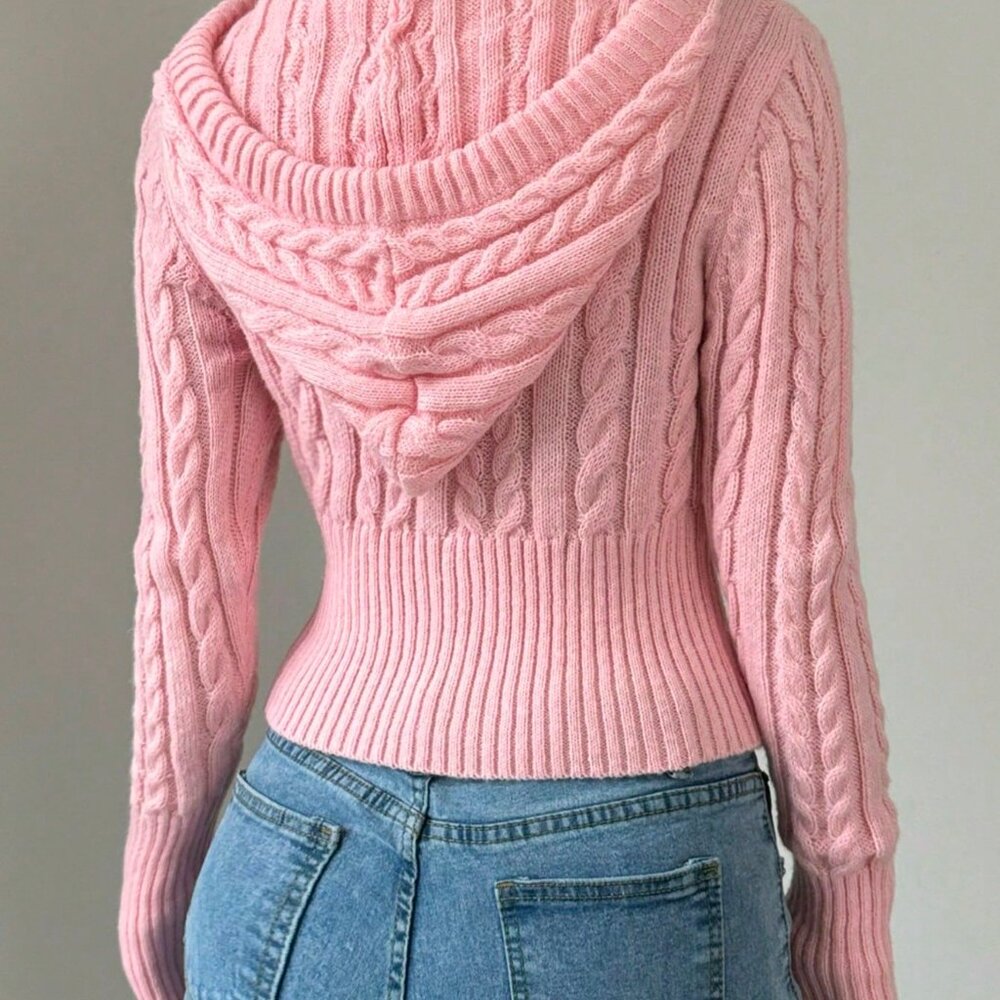Pink Casual Women's Drawstring Hooded Cardigan - Picture 4 of 5